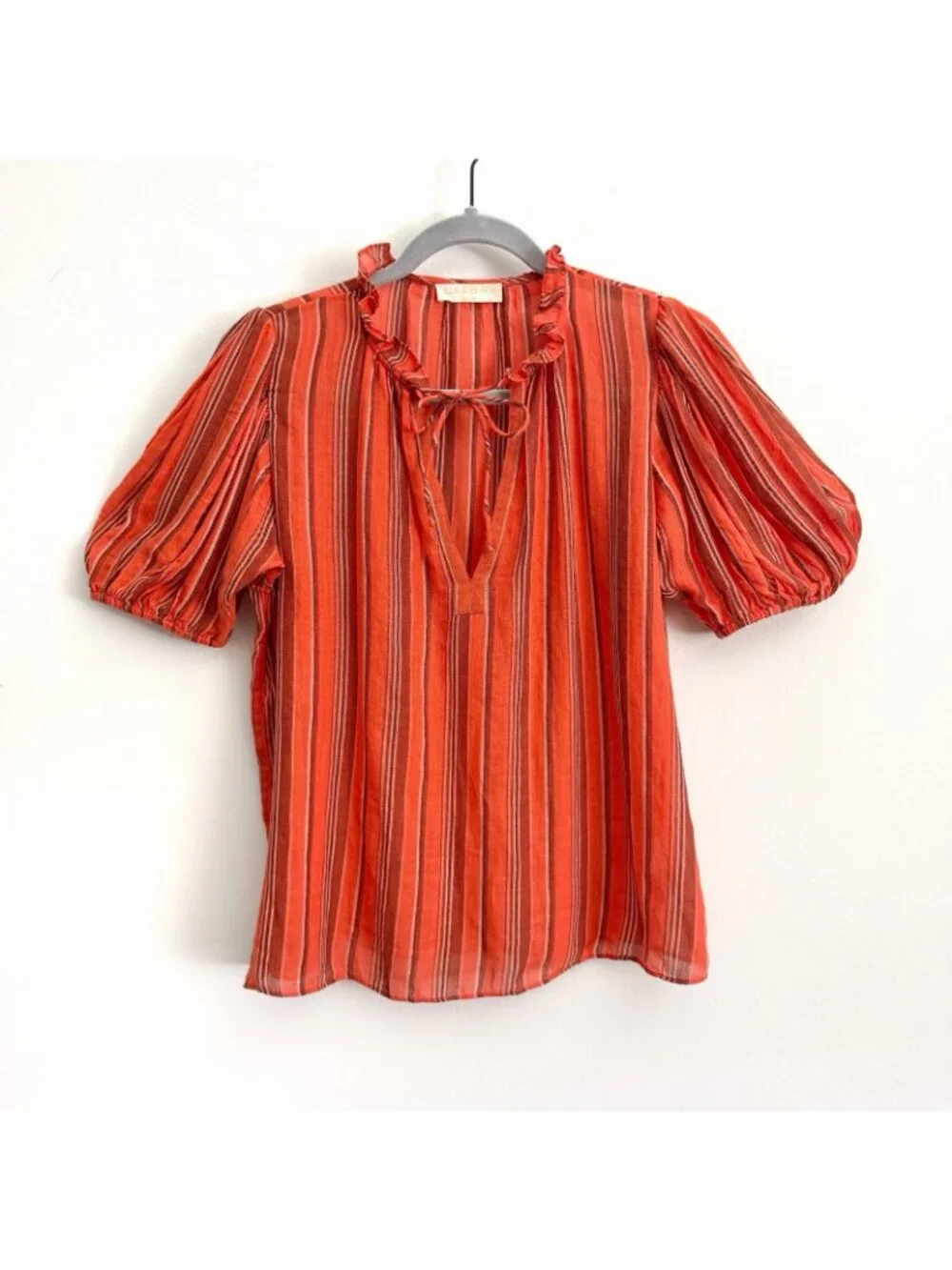 Ulla Johnson Oona Orange Striped Blouse Short Puff Sleeve Top Women’s Size 2